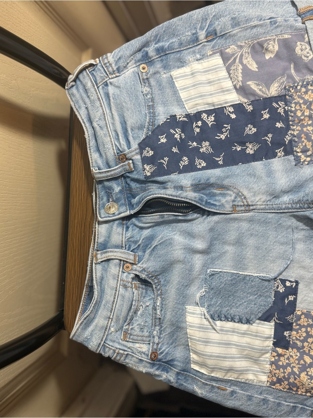 American Eagle Outfitters Light Wash Denim Patchwork Shorts with Blue Accents